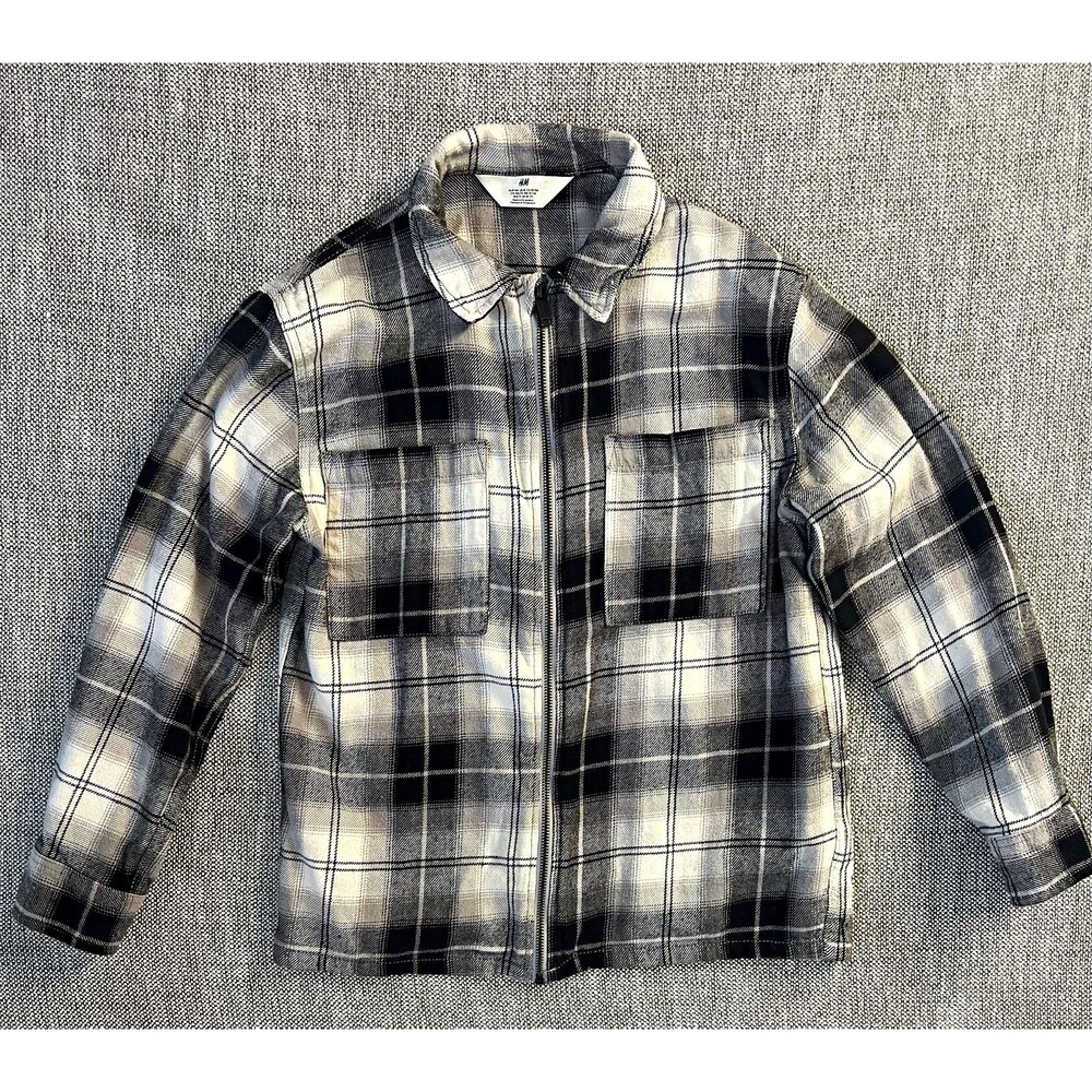H&M Boys Plaid Flannel Zip Shirt Jacket Collared Pockets Black Gray White 12